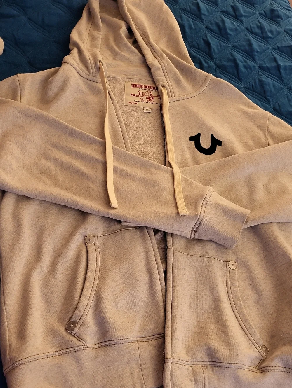 True Religion Light Gray Zip-Up Hoodie with Horseshoe Logo Mens Lg
